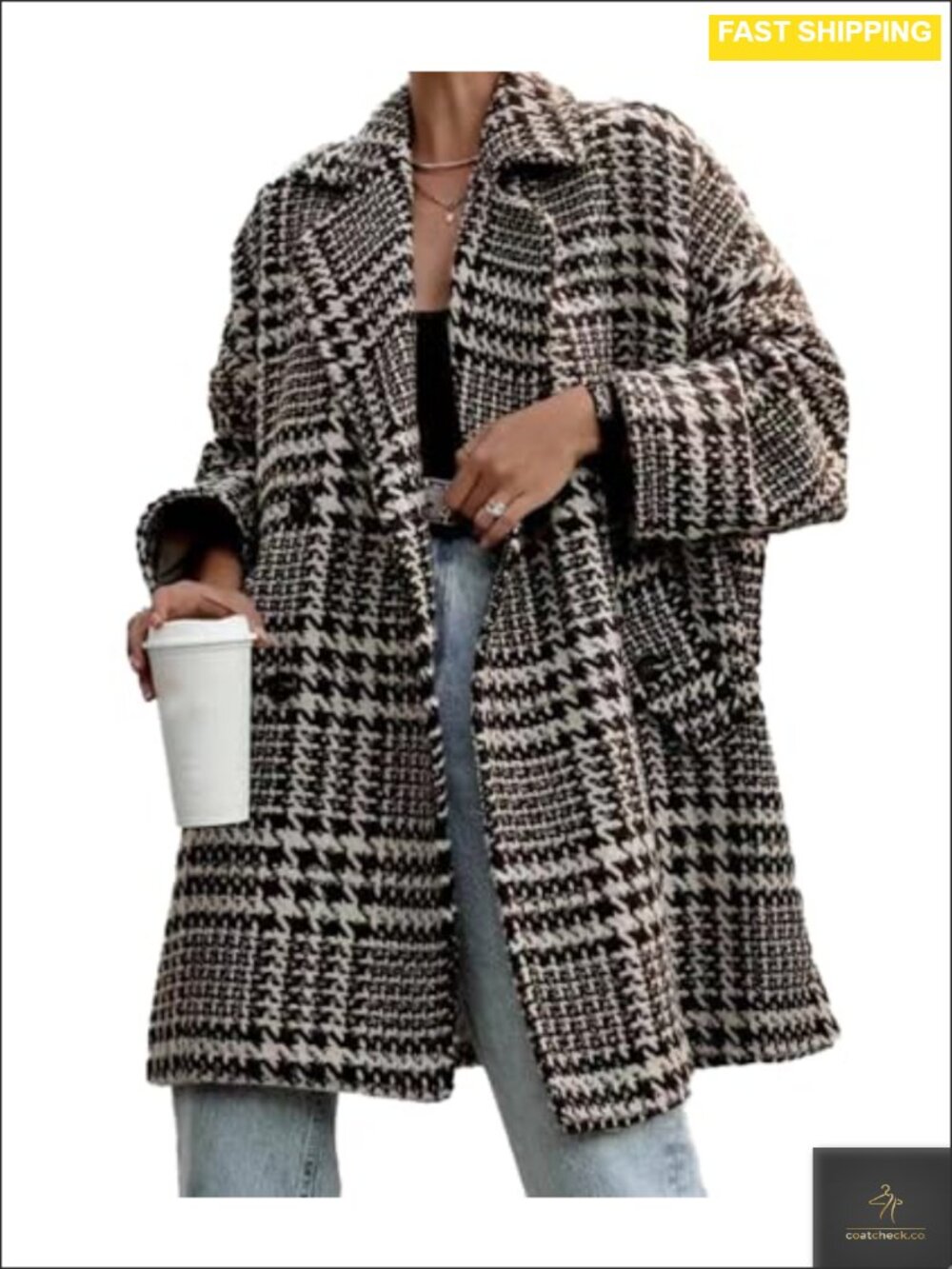 Women's Double Breasted Houndstooth Wool Blend Pea Coat Mid Long Winter